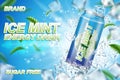 Energy drink label ads with ice cubes and mint leaves. Package design energy drink for poster or banner. Realistic Royalty Free Stock Photo