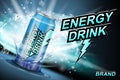 Energy drink label ads with ice cubes and splash on dark. Realistic package lightning design, energy drink for poster or Royalty Free Stock Photo