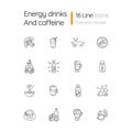 Energy drinks and caffeine linear icons set