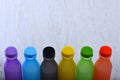 Energy drinks containers with various flavors. Row of colorful drinks Royalty Free Stock Photo