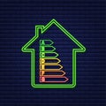 Energy efficiency chart and house concept. Home icon vector. Solar power. Green home. Neon icon. Vector stock Royalty Free Stock Photo