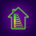 Energy efficiency chart and house concept. Home icon vector. Solar power. Green home. Neon icon. Vector stock Royalty Free Stock Photo