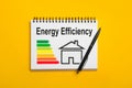 Energy efficiency. Notebook with drawn house and chart on yellow background, top view