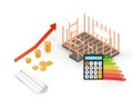 Energy efficiency house construction with calculator, graph and gold coins. Isometric concept.