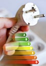 Energy efficiency label for house / electricity and money savings - plug in a hand Royalty Free Stock Photo