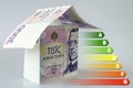 Energy efficiency label for house / heating and money savings - house made of Czech crown currency banknotes Royalty Free Stock Photo