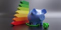 Energy efficiency saving. Home electric power green plug, energy class efficiency chart and piggy bank Royalty Free Stock Photo