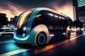 Energy Efficient Autonomous Vehicle. Shot of a futuristic unmanned van driving on a public highway in a modern city