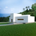 Energy efficient concrete modern house on the hill above the ocean in the jungle. 3D render