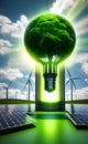 A energy-efficient green lightbulb connected to wind turbine. Generative AI Royalty Free Stock Photo
