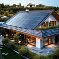 Energy efficient home House features bituminous tile roof, highlighting renewable energy Royalty Free Stock Photo