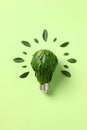 Energy efficient light bulb with green leaves on green background. Energy saving, environment protection, resource conservation Royalty Free Stock Photo