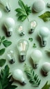 Energy-efficient light bulbs and fresh green leaves on soft green surface Royalty Free Stock Photo
