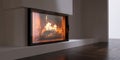 Energy Fireplace heating solution. Burning fire, wooden floor, concrete wall. 3d