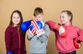 Energy health. punching knockout. Childhood activity. Sport success. Team fight. workout of small girls and boy boxer Royalty Free Stock Photo