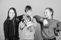 Energy health. punching knockout. Childhood activity. Sport success. Team fight. workout of small girls and boy boxer Royalty Free Stock Photo