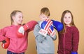 Energy health. punching knockout. Childhood activity. Sport success. Team fight. workout of small girls and boy boxer Royalty Free Stock Photo