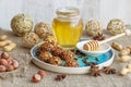 Energy and healthy sweets made from cereals, quinoa, dried nuts, seeds, dried fruits and honey. Royalty Free Stock Photo