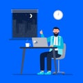 A energy man works at night. Working at home, telework, freelance. Vector flat illustration. Royalty Free Stock Photo