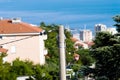 Energy pole close up with port of Rijeka in background Royalty Free Stock Photo