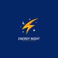 Energy power electricity logo with thunder lightning, moon and stars icon symbol illustration of night power saving Royalty Free Stock Photo