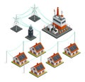 Energy power grid isometric. Power distribution with family house, wind and high voltage electricity grid pylons