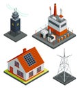 Energy power grid isometric. Power distribution with family house, wind and high voltage electricity grid pylons