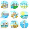 Energy power plant and factory. Set of illustration in flat style Nuclear energy industrial concept. Eco Green Energy concept Royalty Free Stock Photo