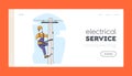 Energy Powerline or Electricity Line Pole Landing Page Template. Electrician Worker Character Climbing on Electric Tower Royalty Free Stock Photo