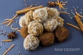 Energy protein balls with carrot, nuts, coconut flakes and vegan chocolate truffles. Raw food desserts. Healthy vegetarian snack. Royalty Free Stock Photo