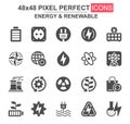 Energy and renewable glyph icon set. Power plant, nuclear energy, wind turbine, electric socket and plug unique icons Royalty Free Stock Photo
