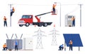 Energy. Repair and maintenance of power lines. Electricians work with electrical objects. Vector illustration