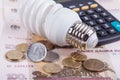 Energy saving concept. Electric light bulb, ruble money and calculator Royalty Free Stock Photo