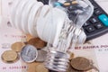 Energy saving concept. Electric light bulb, ruble money and calculator Royalty Free Stock Photo