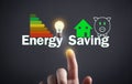 Energy Saving concept. Piggy bank, house, light bulb. Energy Efficiency Royalty Free Stock Photo