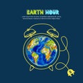 Energy saving and Earth hour concept. Vector illustration of green Earth planet in alarm clock shape on blue background. Royalty Free Stock Photo