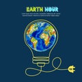 Energy saving, Earth hour concept. Vector illustration of Earth planet in light bulb. Renewable energy and environmental