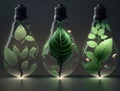 Energy saving eco lamps with green leaves. Ecology Concept. Environmentally friendly planet. AI generated Royalty Free Stock Photo