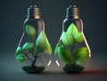 Energy saving eco lamps with green leaves. Ecology Concept. Environmentally friendly planet. AI generated