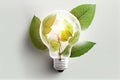 Energy saving eco led lamps with green leaves conservation of earth resources. Minimal nature concept. Think Green. Ecology Royalty Free Stock Photo