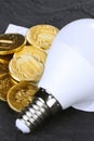 Energy saving. Energy saving light bulb. Money coins on a dark background. Energy saving. Stack of coins.Environmental protection Royalty Free Stock Photo