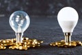 Energy saving. Energy saving light bulb and old bulb.Money coins on a dark background. Energy saving. Stack of coins Royalty Free Stock Photo