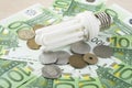 Energy saving fluorescent lamp on money background, Eco light bulb, comparison of energy saving lamps and incandescent Royalty Free Stock Photo