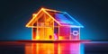 Energy saving house with colorful neon effects, house cost savings Royalty Free Stock Photo