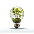 Energy saving light bulb covered in green grass. Concept of sustainable resources in white grey background Royalty Free Stock Photo