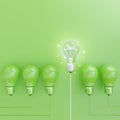 Energy saving light bulb on green Background with idea concept