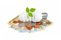 Energy saving light bulb, money and plant Royalty Free Stock Photo