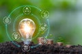 Energy saving light bulb and save world concept, sustainable development. Ecology concept. Environmental protection, renewable, Royalty Free Stock Photo