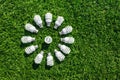 Energy saving light bulbs on green grass