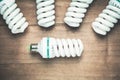 Energy saving light bulbs on the wood background. Royalty Free Stock Photo